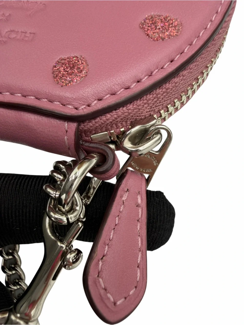 Coach x Disney Minnie Mouse Coin Case 37539B Pink Glitter Polka Dot Leather
